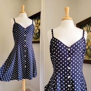 Vintage Button Front Polka Dot 1990s Navy Blue Moda Intl' Fit & Flare Mini Dress